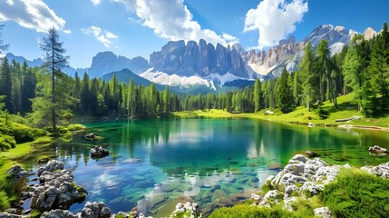 a cabinet lake in the Dolomites, green pine trees around the water with a clear blue sky and white...