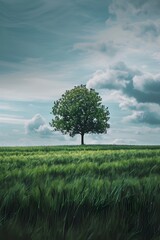 Lone Tree Amid Expansive Field Showcases Natural Solitude and Serenity