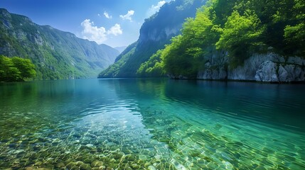 A crystal clear lake nestled in the mountains of Europe, surrounded by lush green forests and rocky shores