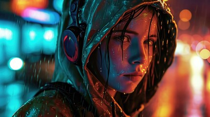 girl with headphone in rain with hoodie.  Generative Ai.