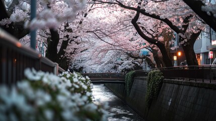 The Meguro River Cherry Blossom Festival in Full Bloom. Generative Ai.