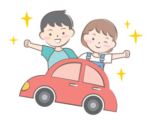 車に乗っている子供たち　ドライブ　旅行　夏休み