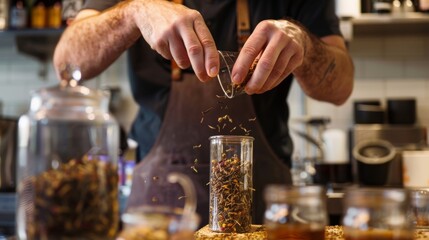 Obraz premium A man explains his reasoning behind blending bold black teas with floral chamomile for a unique flavor profile.