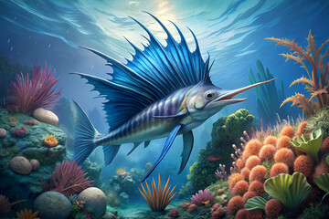 indo pacific sailfish surrounded by beautiful coral