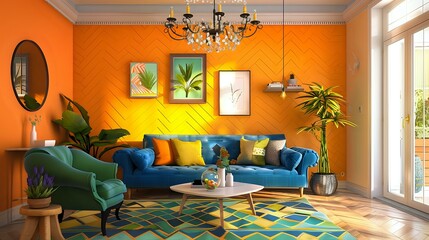 A living room with an orange wall, yellow chevron pattern, blue sofa and green armchair, coffee table, potted plant, chandelier hanging from ceiling