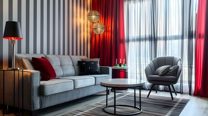 A living room with striped wallpaper, grey sofa and armchair, coffee table in front of the window with red curtains, decorative lights on the floor lamp