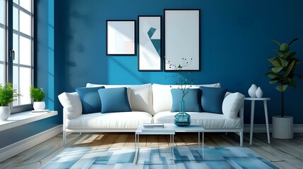A modern living room with blue walls, a white sofa and teal accents, wooden flooring, minimalistic decor, geometric art on the wall