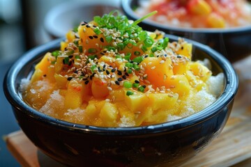 Canary Mango Bingsu is a popular Korean shaved ice dessert same as Kakigori, served in pot with corn flakes cereal, red bean and sweetened condensed milk on the table - Powered by Adobe