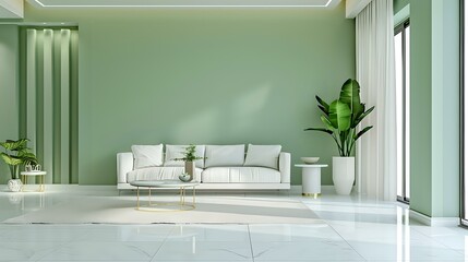 A modern living room with light green walls, white tiles on the floor and white furniture. The wall is adorned with decorative panels in an elegant pattern