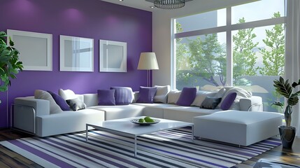 A modern living room with purple walls, white and grey furniture, striped rug, coffee table