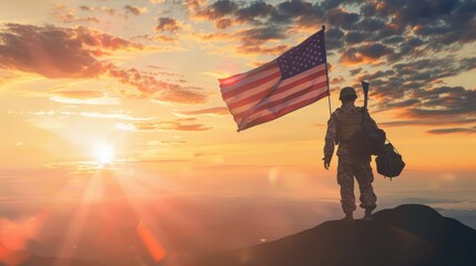 Solder standing in front of USA flag at sunrise. Concept for Memorial Day, Independence day, 4tf of July, Patriot Day, Veterans Day. Generative AI
