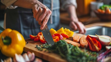 A person slicing up colorful vegetables in a kitchen implying the importance of incorporating a variety of plantbased foods into ones diet to support sauna therapy..