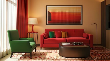 A modern living room with sofa, armchair and coffee table in red color, green chair, lamp on the wall, carpet floor, window curtain