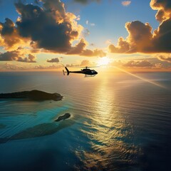 luxury helicopter flying at sunset