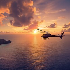 luxury helicopter flying at sunset