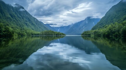 Naklejka na ściany i meble A serene lake reflecting the majestic mountains and lush greenery of nature, symbolizing tranquility and harmony with the environment