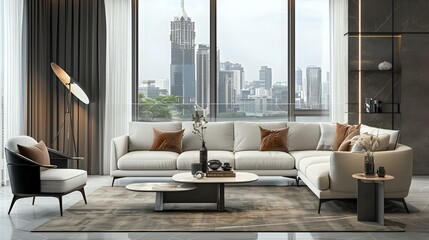 A simple living room interior with a sofa, armchair and coffee table. A large window overlooks the cityscape. The wall is decorated in the style of an elegant geometric pattern of light gray color