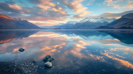 A stunning mountain range at sunset, reflecting in the calm waters of Milk Lake New Zealand with...
