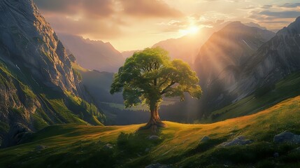 A tree stands in the center of an emerald green grassy valley, surrounded by majestic mountains under the setting sun - Powered by Adobe