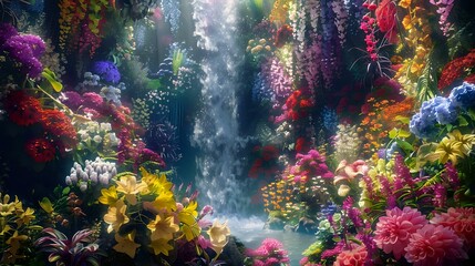 A vibrant garden with colorful flowers and lush greenery, featuring an elaborate waterfall cascading down the center of the scene. - obrazy, fototapety, plakaty