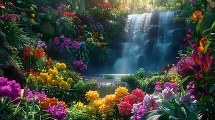 A vibrant garden with colorful flowers and lush greenery, featuring an elaborate waterfall cascading down the center of the scene. - obrazy, fototapety, plakaty