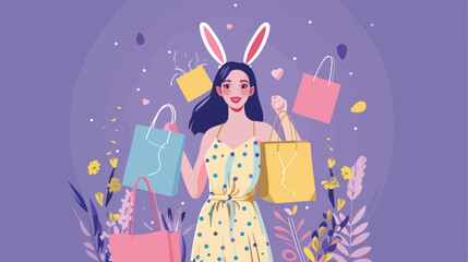 Young woman in bunny ears with shopping bags and decor