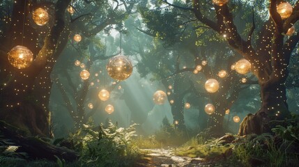 A mystical forest its trees intertwined with glowing floating orbs that light up the dim path casting shadows that seem to dance with . .