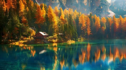 A view of Lake Braies in the Italian Dolomites, surrounded by tall trees and autumn colors