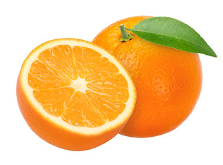 Orange fruit with leaves and half isolated, Orange fruit macro studio photo, transparent PNG, collection, PNG format, cut out