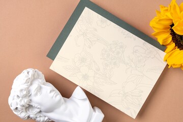 Beige card, floral line art pattern design