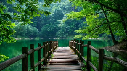A wooden bridge leads to a green lake surrounded by lush trees, with a high-definition photo that captures its beauty and tranquility