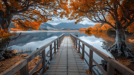 A wooden bridge leads to the water of a lake in New Zealand with orange trees on both sides