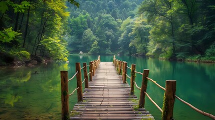 A wooden bridge leads to a green lake surrounded by lush trees, with a high-definition photo that captures its beauty and tranquility
