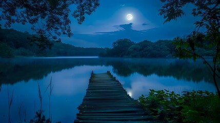 A wooden dock leads into the moonlit lake, surrounded by lush greenery and reflecting on the calm waters - Powered by Adobe