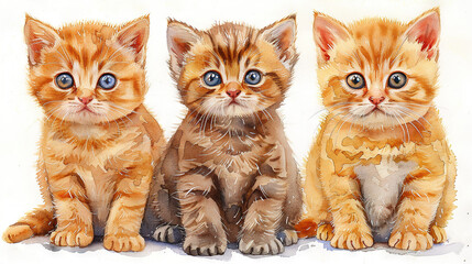   Three kittens sitting together on white background, one with blue eyes