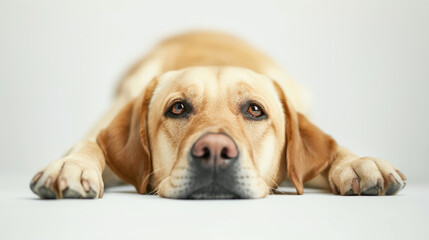 Labrador dog with a melancholic expression lying down on a plain background, gazing directly at the camera, evoking a sense of empathy and calm.