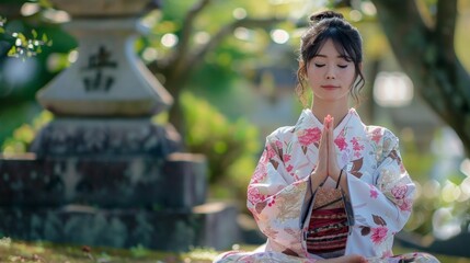 Japanese woman in a kimono praying hands in a park.