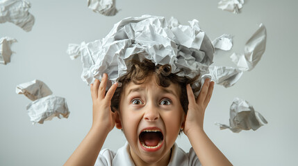 Young boy looks up in dismay as he is overwhelmed by a flurry of crumpled paper balls, chaos and frustration.