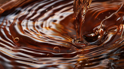 Dark fluid, artfully pouring and swirling into a reflective pool, highlighting the intricate textures and mesmerizing patterns.