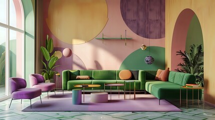an interior living room design with retro style furniture and a green, pink, and purple color...