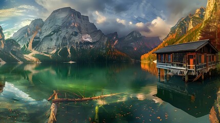 Beautiful lake in the Dolomites, green water and mountain peaks with autumn colors,