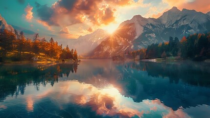 Beautiful sunset over the Hintersee lake in Austria, with mountains and trees reflecting on the water. - Powered by Adobe