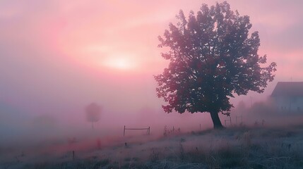 Fototapeta na wymiar Beautiful tree in the field, foggy morning sunrise with houses in the background, pink sky