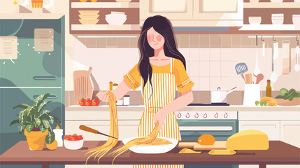 Young woman preparing pasta at table in kitchen Vector