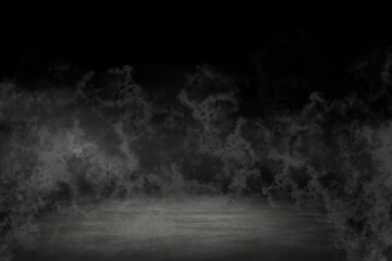Grunge concrete floor with smoke or fog in dark room with spotlight. Asphalt night street, black...