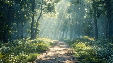 A 3D generated quiet forest path, sunlight filtering through trees, serene