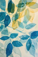 blue yellow leaves are painted on a white canvas