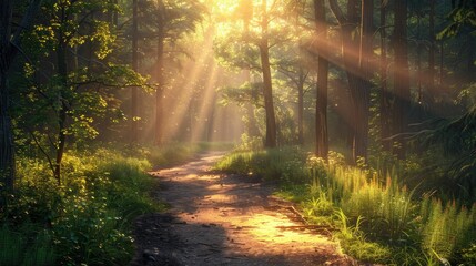 A 3D generated quiet forest path, sunlight filtering through trees, serene