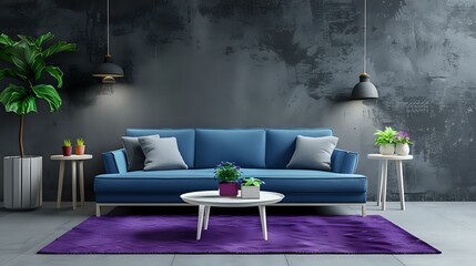 cozy modern living room interior with blue sofa, white table and purple carpet on grey wall background