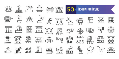 Irrigation system icons set. Outline set of irrigation system vector icons for ui design. Outline icon collection. Editable stroke.